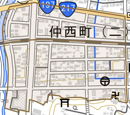 仲西町とその周辺の地図。町の範囲を重ねている