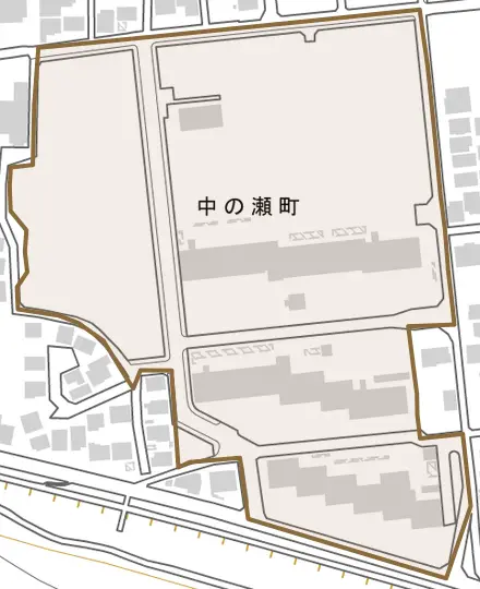 中の瀬町とその周辺の地図。町の範囲を重ねている
