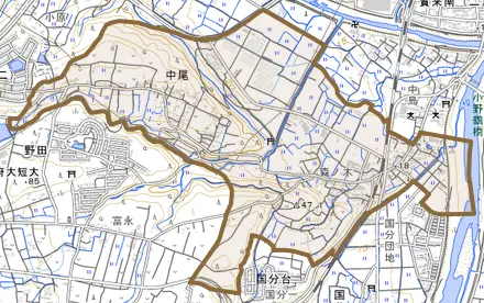 大字中尾とその周辺の地図。町の範囲を重ねている