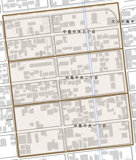中島中央とその周辺の地図。町の範囲を重ねている