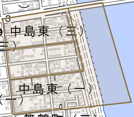 中島東とその周辺の地図。町の範囲を重ねている