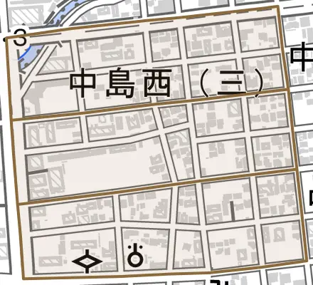 中島西とその周辺の地図。町の範囲を重ねている