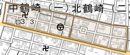 中鶴崎とその周辺の地図。町の範囲を重ねている