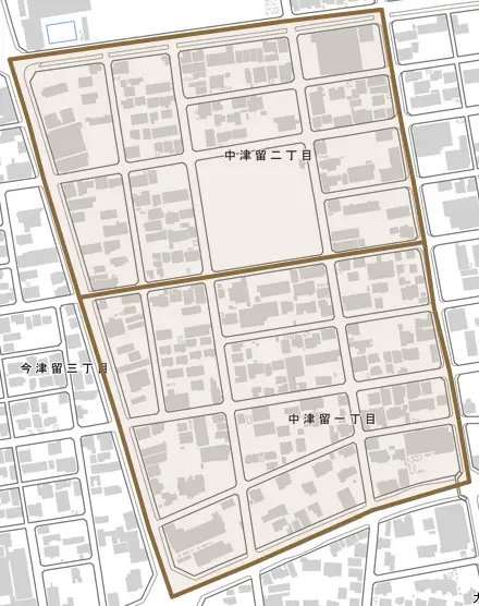 中津留とその周辺の地図。町の範囲を重ねている