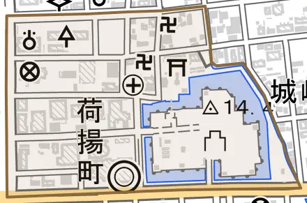 荷揚町とその周辺の地図。町の範囲を重ねている