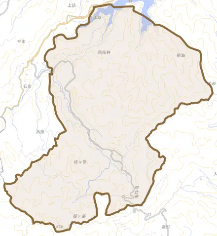 大字荷尾杵とその周辺の地図。町の範囲を重ねている