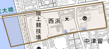西浜とその周辺の地図。町の範囲を重ねている