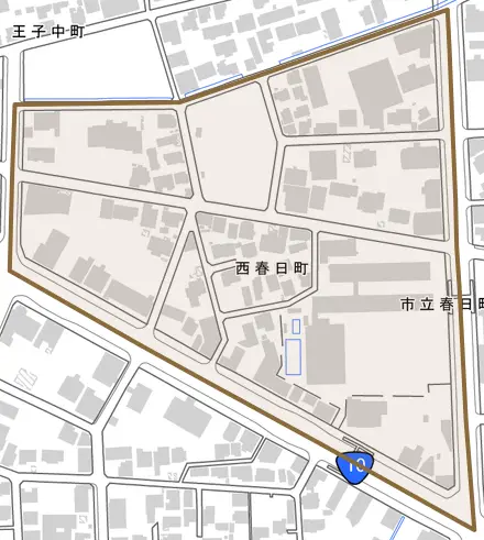 西春日町とその周辺の地図。町の範囲を重ねている
