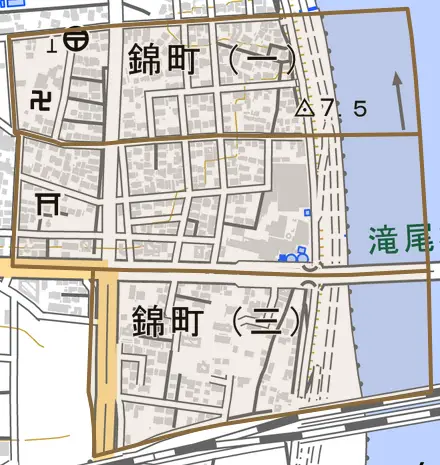 錦町とその周辺の地図。町の範囲を重ねている
