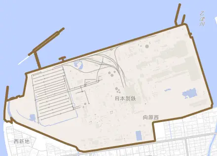 大字西ノ洲とその周辺の地図。町の範囲を重ねている