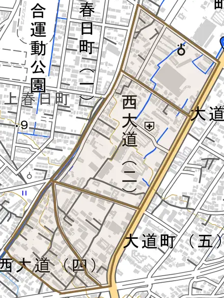 西大道とその周辺の地図。町の範囲を重ねている
