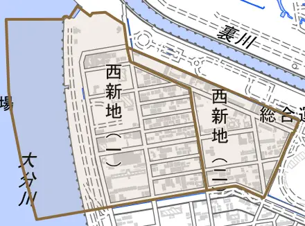 西新地とその周辺の地図。町の範囲を重ねている
