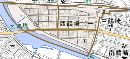 西鶴崎とその周辺の地図。町の範囲を重ねている