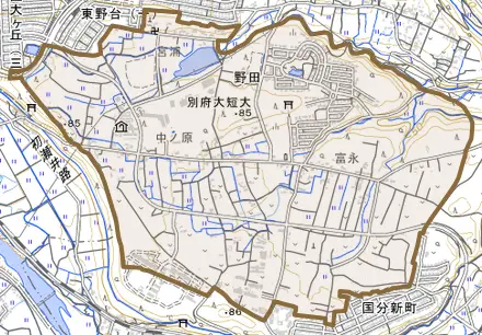 大字野田とその周辺の地図。町の範囲を重ねている