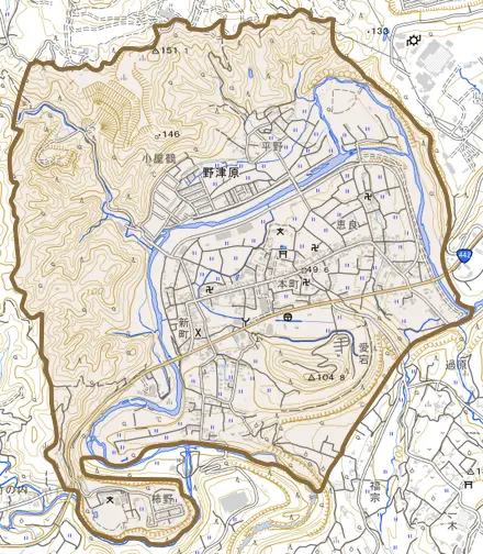 大字野津原とその周辺の地図。町の範囲を重ねている