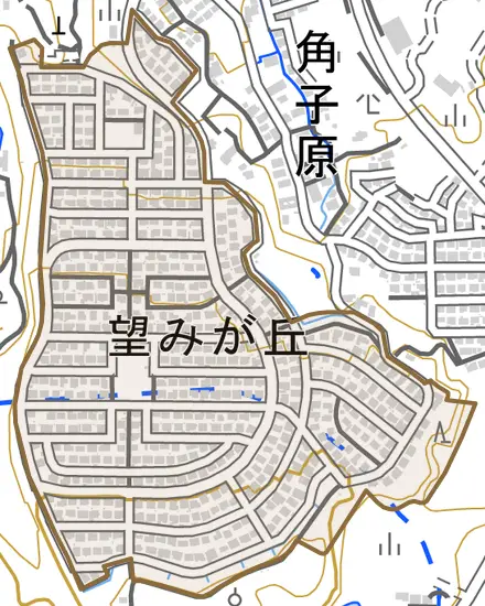 望みが丘とその周辺の地図。町の範囲を重ねている