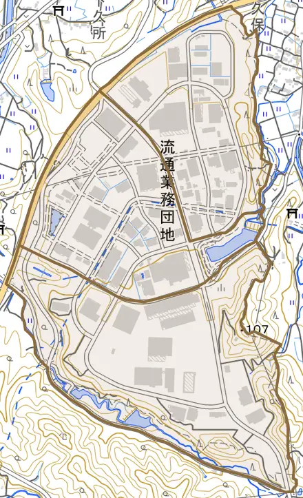 大分流通業務団地とその周辺の地図。町の範囲を重ねている