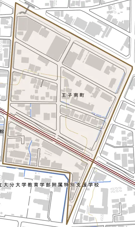 王子南町とその周辺の地図。町の範囲を重ねている