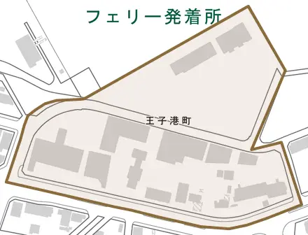 王子港町とその周辺の地図。町の範囲を重ねている