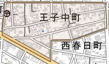 王子中町とその周辺の地図。町の範囲を重ねている