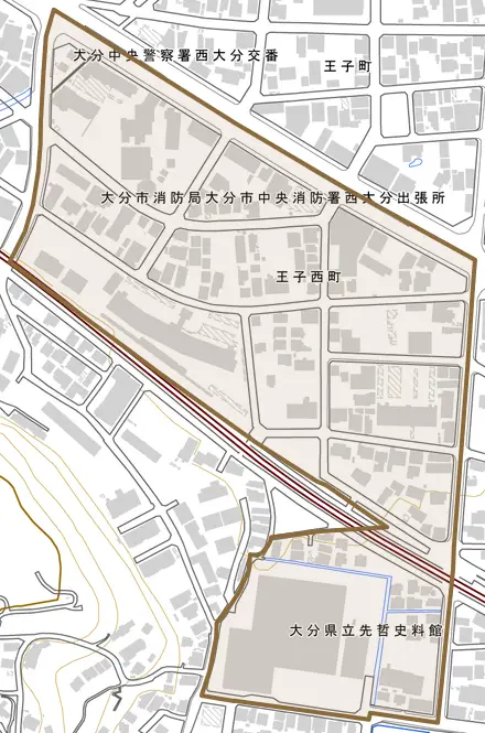 王子西町とその周辺の地図。町の範囲を重ねている