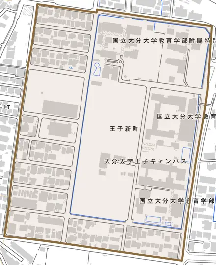 王子新町とその周辺の地図。町の範囲を重ねている