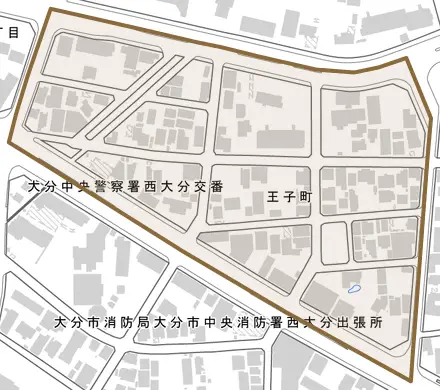 王子町とその周辺の地図。町の範囲を重ねている