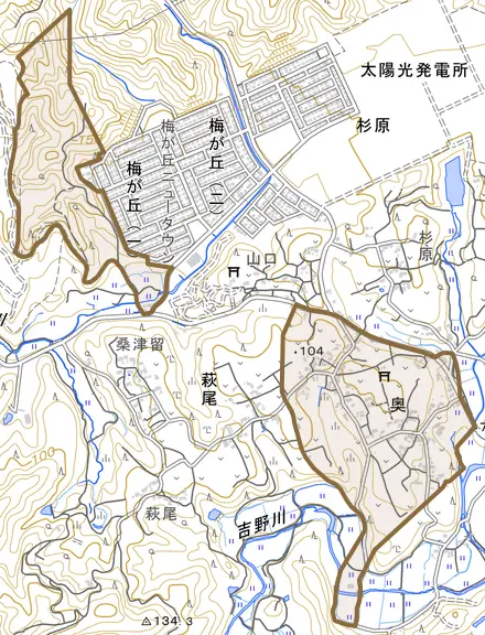 大字奥とその周辺の地図。町の範囲を重ねている