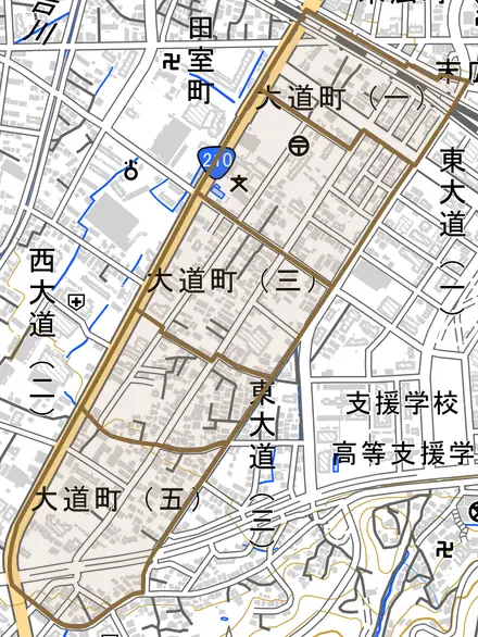 大道町とその周辺の地図。町の範囲を重ねている