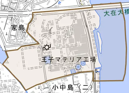 大字小中島とその周辺の地図。町の範囲を重ねている
