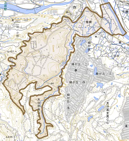 大字鬼崎とその周辺の地図。町の範囲を重ねている