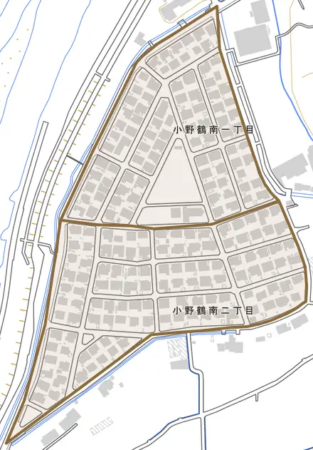 小野鶴南とその周辺の地図。町の範囲を重ねている