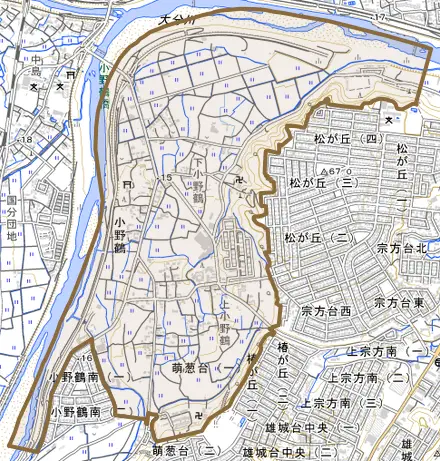 大字小野鶴とその周辺の地図。町の範囲を重ねている