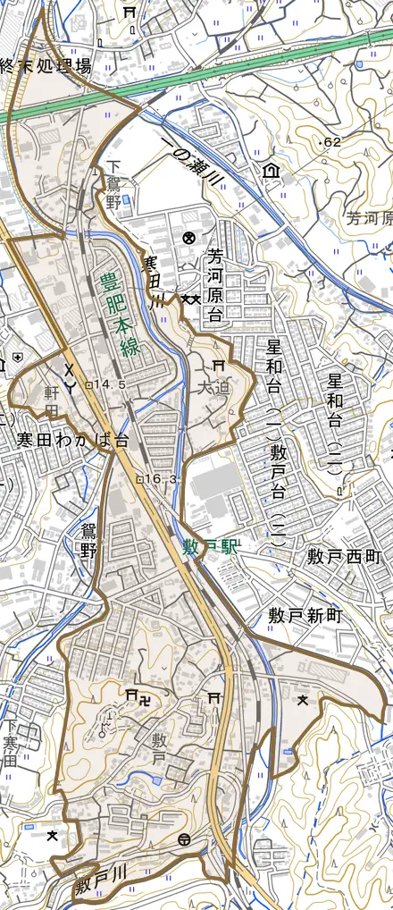 大字鴛野とその周辺の地図。町の範囲を重ねている