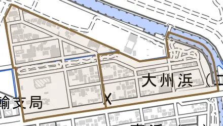 大州浜とその周辺の地図。町の範囲を重ねている