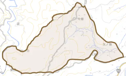 大字太田とその周辺の地図。町の範囲を重ねている