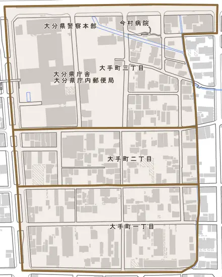 大手町とその周辺の地図。町の範囲を重ねている