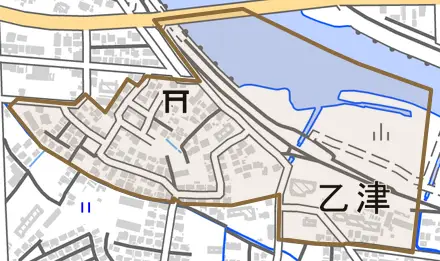 大字乙津とその周辺の地図。町の範囲を重ねている