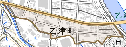 乙津町とその周辺の地図。町の範囲を重ねている
