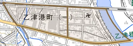 乙津港町とその周辺の地図。町の範囲を重ねている