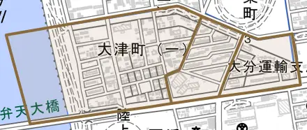 大津町とその周辺の地図。町の範囲を重ねている