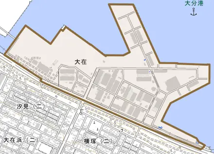 大字大在とその周辺の地図。町の範囲を重ねている