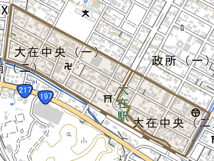 大在中央とその周辺の地図。町の範囲を重ねている