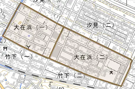 大在浜とその周辺の地図。町の範囲を重ねている
