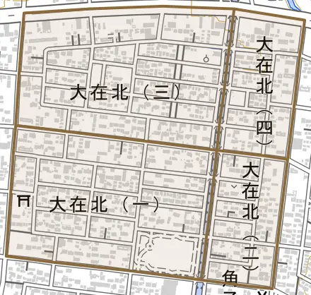 大在北とその周辺の地図。町の範囲を重ねている
