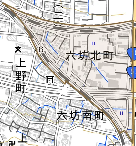 六坊北町とその周辺の地図。町の範囲を重ねている