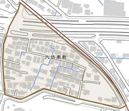 六坊南町とその周辺の地図。町の範囲を重ねている