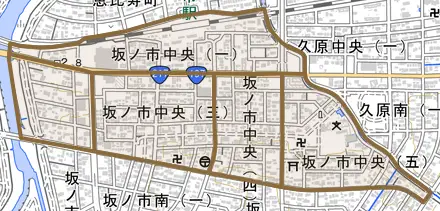 坂ノ市中央とその周辺の地図。町の範囲を重ねている