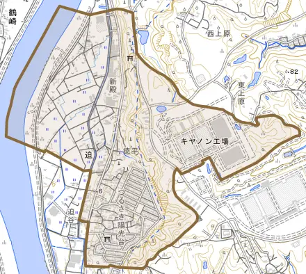 大字迫とその周辺の地図。町の範囲を重ねている