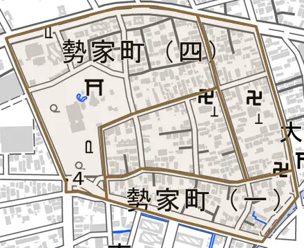 勢家町とその周辺の地図。町の範囲を重ねている